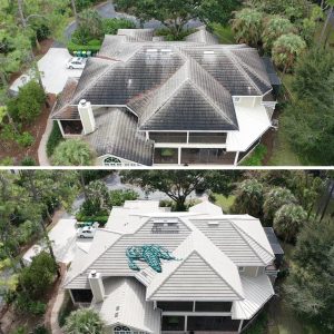 Image of a roof cleaning service before and after. You can see a roof that is coverd with black stains on the upper half of the image. On the bottom half of the image you can see the same roof after it has been cleaned.