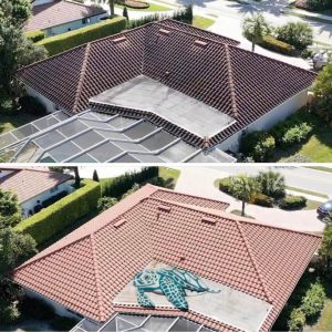 Image of a home that has just been washed using soft washing services. You can see a before and after image of a home with a tile roof and pool cage. The before image shows stained roof tiles and dirty pool cage. The after image shows cleaned roof tiles and a cleaned pool cage.