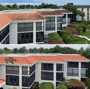 Split image of a condominium building with a brown tile roof. You can see the upper half of the image as the before image showing black stains on the roof tiles. The bottom half of the image shows the same roof with clean roof tiles.