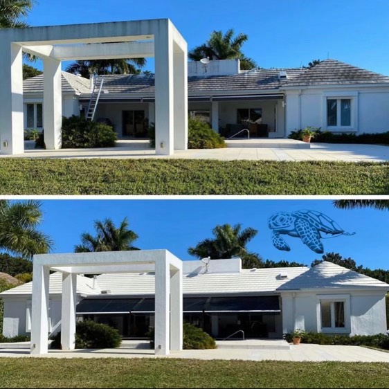 Image of a Soft washing services for roofs and homes. You can see split image of showing a before and after of a home in Naples, FL that has undergone a soft washing. You can see the roof on the home has transformed from black to white afterthe exterior cleaning. You can also see a pergola that has been soft washed.