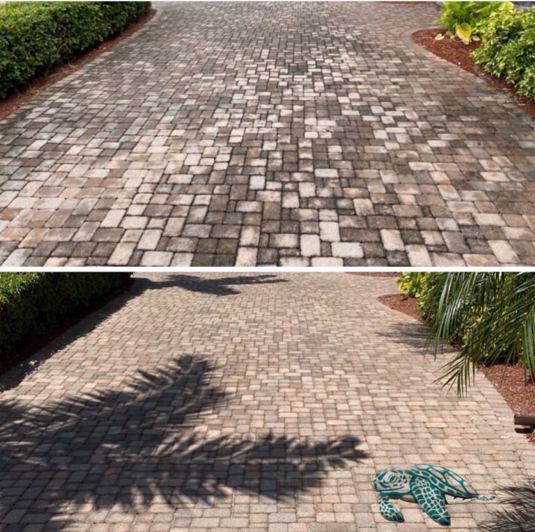 Picure of a split image showing a paver cleaning and sealing.