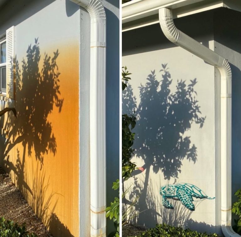 Picture showing a wall with a rust stain that has been removed by Green Turtle Soft Wash Located in Bonita Springs, Florida.