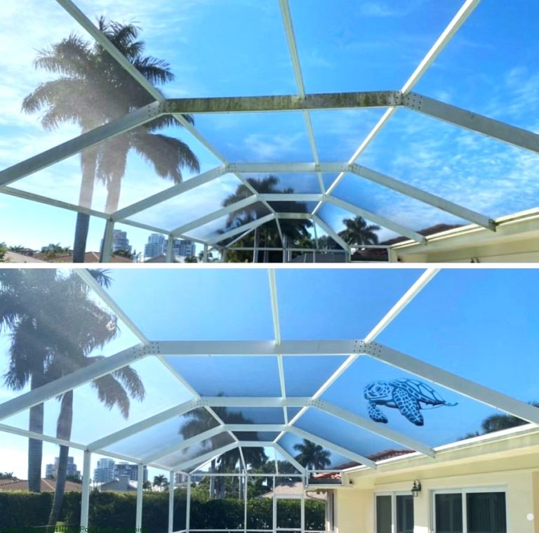 This is a picture showing how Green Turtle Soft Wash can clean a pool cage.