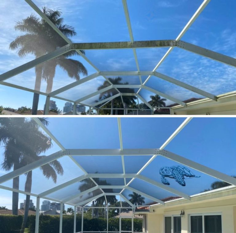 Picture showing the before and after effect of a pool screen cleaning.