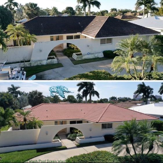Image showing how pressurewashing can clean pool cages and homes. You can see a split image of how pressure cleaning can make a impact.