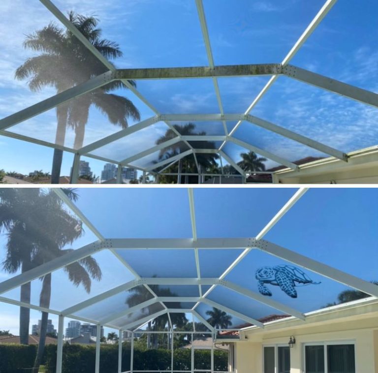 Picture of a split image showing the before and after effects of pool cage cleaning
